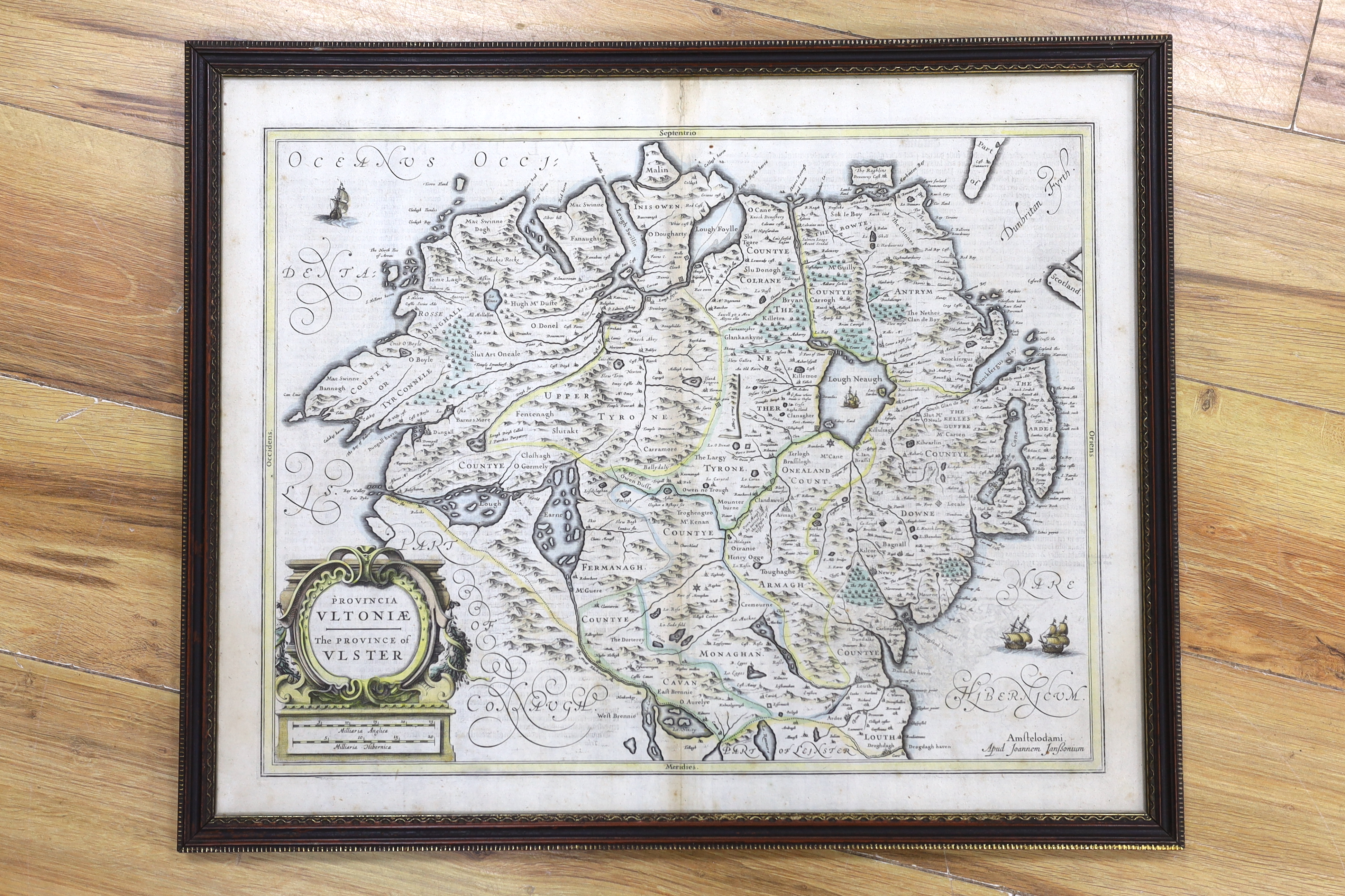 Johannes Jansson (Dutch, 1588-1664), hand-coloured map, The Province of Ulster, Northern Ireland, text verso, 44 x 54cm